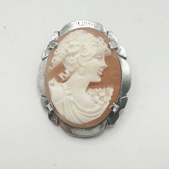 Cameo Sterling Silver Brooch Pin Victorian Ladies Head Profile Vintage Jewelry - Picture 1 of 12